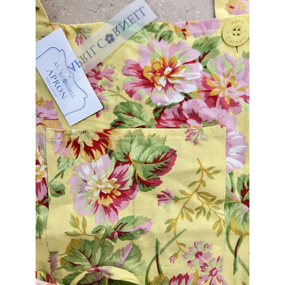 April Cornell Yellow Emmaline Floral Kitchen Apron w Pocket - 100% Cotton ~ New - Picture 4 of 6